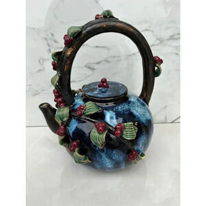 Majolica Vintage Berries Leaves Glaze Pottery Teapot Cobalt Blue Size 12" Tall